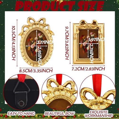 Leinuosen 8 Pcs Mini Vintage Picture Frames Set - Gold Bow Ornament Frames, Rect & Oval, for Christmas Tree (Gold/Rectangular + Oval1)