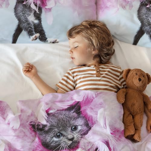 Twin Cat Comforter Set for Kids - Cute Pink Bedding 3Pcs