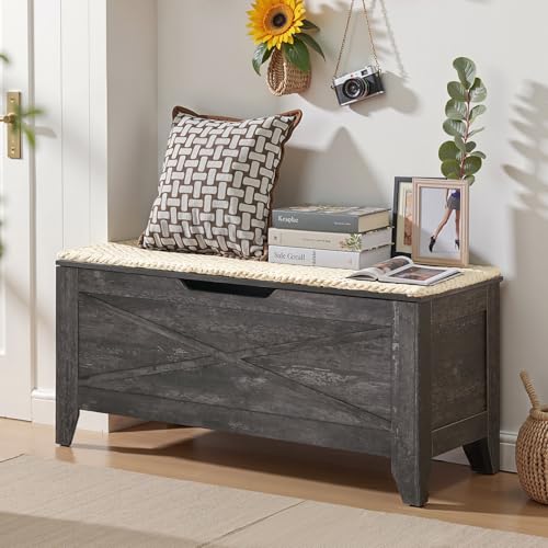 43-Inch Lift-Top Storage Chest Bench with Wicker Cushion and Safety Hinges