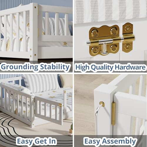 Twin Montessori Floor Bed Frame with Safety Fence and Door, Solid Wood