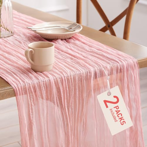 2-Pack Dusty Pink Cheesecloth Table Runner, 120-Inch Boho Gauze Table Decor