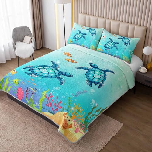 XYNHML B-turtle3 Coastal Turtle King Quilt Bedding Set for Kids & Adults