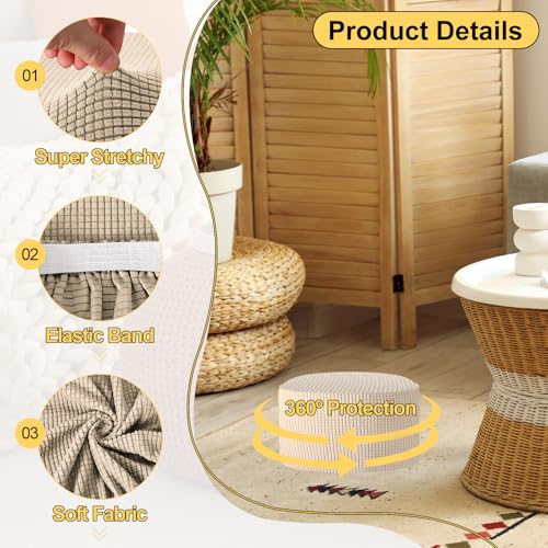 Stretchable Khaki Ottoman Cover with Elastic Bottom, Fits 50-58cm