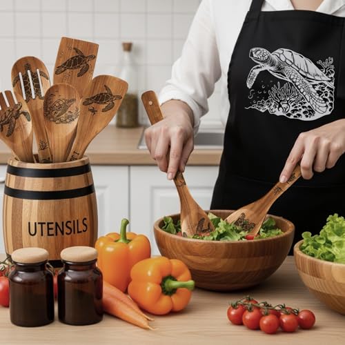 Remerry Sea Turtle Kitchen Gift Set with Acacia Wood Utensils & Apron, Christmas & Mother's Day Gift