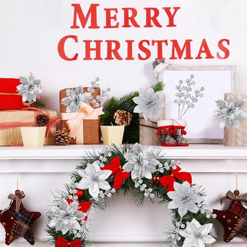 Sggvecsy Silver Christmas Glitter Poinsettia Flowers & Berry Picks, Artificial Holiday Decoration Set