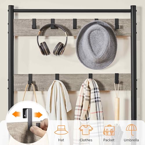 3-in-1 Hall Tree with Storage Bench, Shoe Rack, and 9 Movable Hooks, Gray