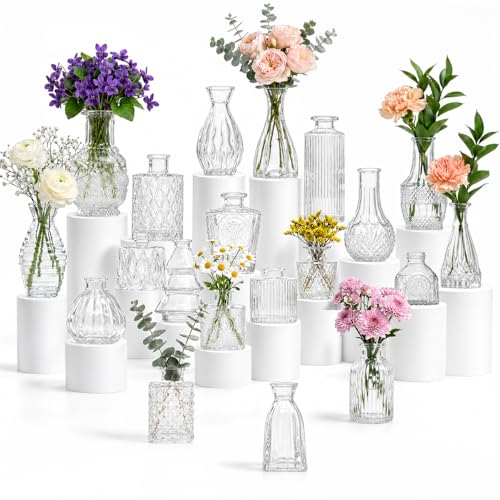 20-Piece Clear Glass Bud Vase Set - Small Vintage Vases for Centerpieces
