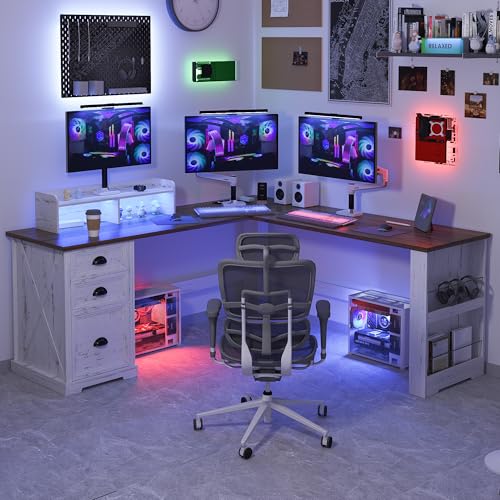 59-Inch L-Shaped Farmhouse Computer Desk with LED Lights, Drawers and Charging
