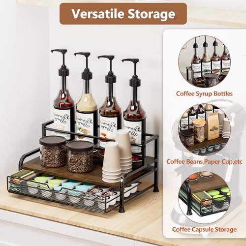 3-Tier Coffee Syrup Organizer with Pod Drawer - Metal & Wood Countertop Stand