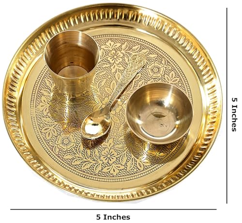 4-Piece Brass Puja Thali Set - Ritual Plate, Katori, Glass & Spoon