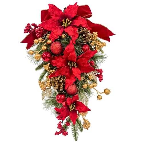 Pre-Lit Artificial Christmas Teardrop Swag with Poinsettias and Pinecones