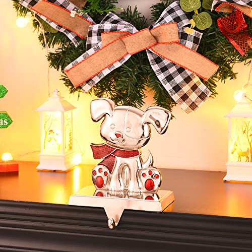 Layseri Christmas Dog Stocking Holder (New Dog) - Silver Mantle Clip Hanger for Fireplace