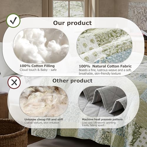 100% Cotton Reversible Quilt Set - Queen Size Floral Bedspread with 2 Shams