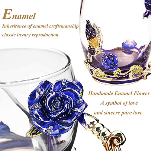 Kaiyuan Dynasty Blue Tall Enamel Glass Coffee Mug with Rose & Butterfly Design Set with Spoon