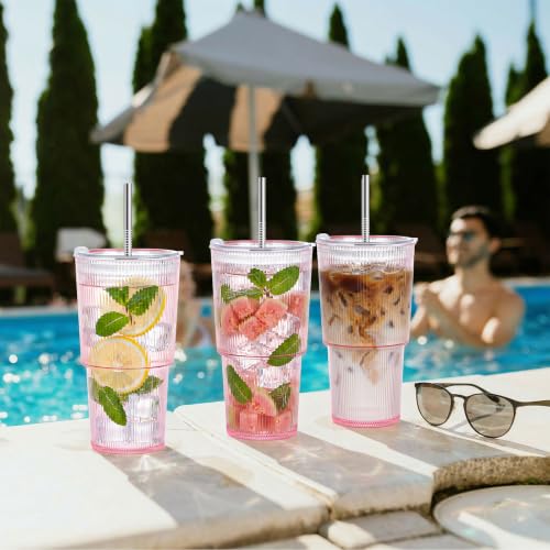20oz Pink Plastic Ribbed Tumblers Set of 4 with Lids & Straws - Reusable Iced Coffee & Smoothie Cups