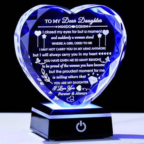 Daughter Heart Crystal Gift with Colorful LED Base - Birthday Christmas Gift from Mom Dad