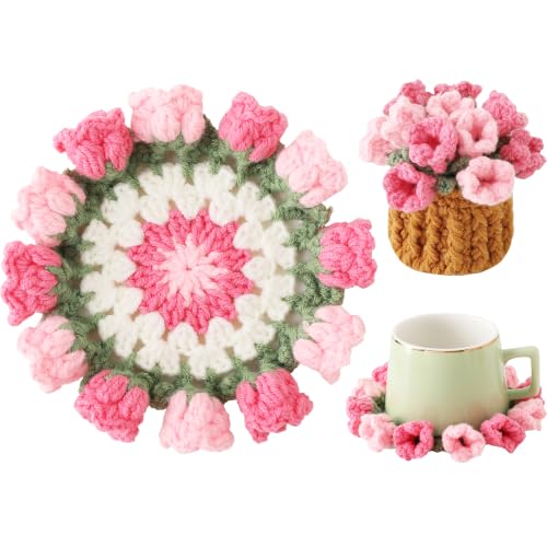 Vane Oak Pink Crochet Flower Coasters with Plant Pot - Handmade 1Pc