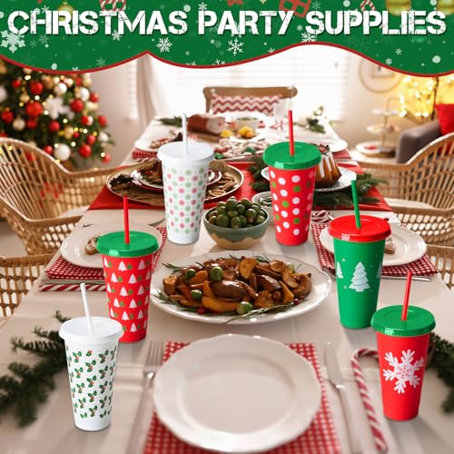 Stylish Christmas Plastic Cups with Lids & Straws, 24 oz, 24 Pack