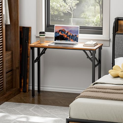 35.8" Small Folding Computer Desk, No Assembly Compact Study Table, Brown