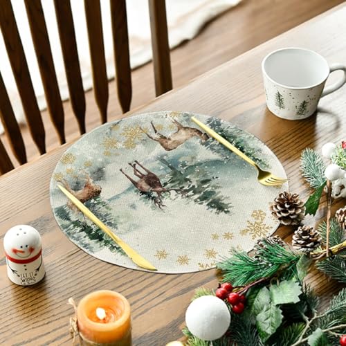 Artoid Mode 14" Round Placemats Set of 6 – Watercolor Deer, Trees & Snowflakes, Green