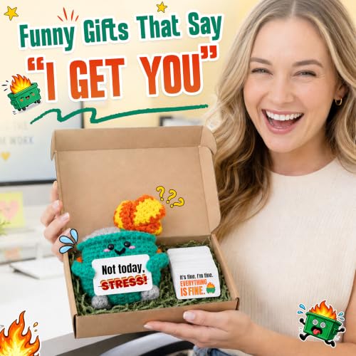 Handmade Crochet Dumpster Fire Desk Decor with 16 Funny Affirmation Cards