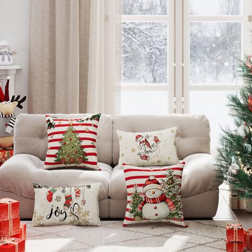 Christmas Pillow Covers Let it Snow Christmas Trees Socks Snowman Throw Pillow Cases Set of 4 Xmas Winter Decorations for Farmhouse Home Sofa Couch Cushion Cover Holiday Decor 18x18 Inch