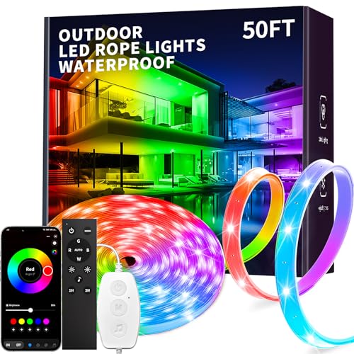50ft Waterproof RGB LED Strip Lights, Smart Bluetooth Outdoor Rope Lights