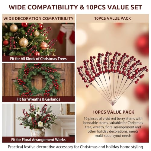 UPSTORE 10-Pack Artificial Red Berry Stems - 20cm Foam Berries with Flexible Wire