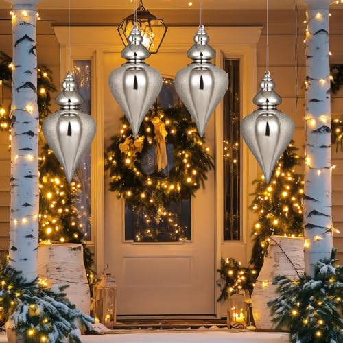 Soulchen 4 Pack 9-Inch Silver Glitter Christmas Ball Ornaments - Finial Drop Decor