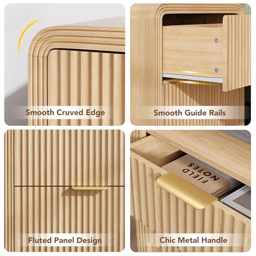 23-Inch Fluted Nightstand Set of 2 with Charging Station and 2 Drawers