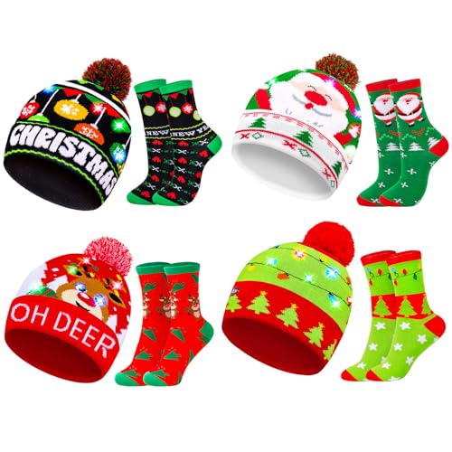 MGparty 8-Pack Christmas LED Beanie Hat and Socks Set