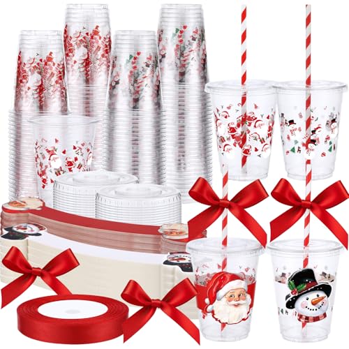 Christmas Plastic Cups Bulk 60 Pcs with Lids & Straws - Santa & Snowman Theme
