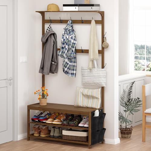 Bamboo Hall Tree with Shoe Storage Bench and 14 Coat Hooks, Large Size