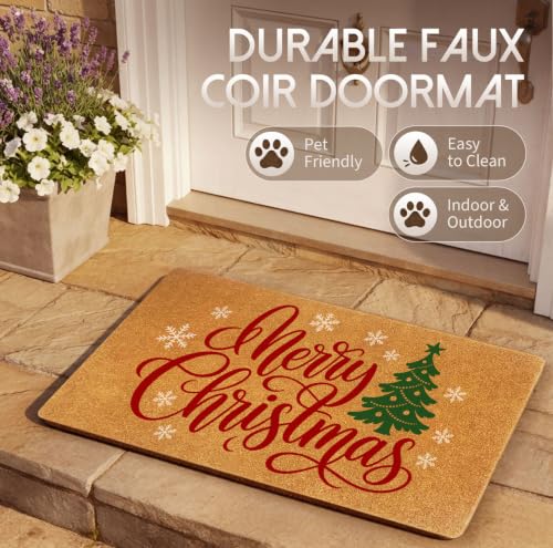 Merry Christmas Tree Door Mat - Holiday Coir Doormat with Snowflakes
