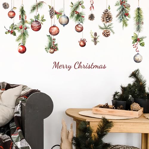 Christmas Wall Decals 9 - Winter Pine Cones & Colorful Balls Removable Vinyl
