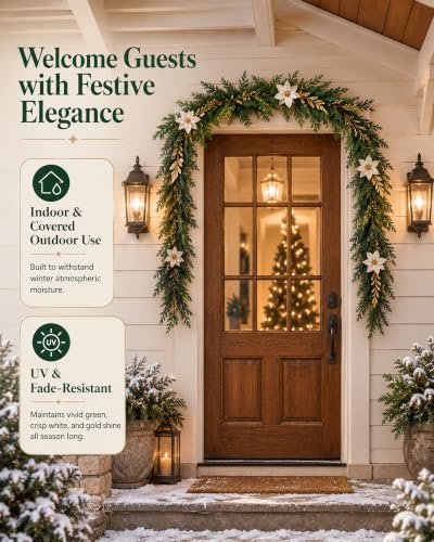 9FT Norfolk Pine Garland - Real Touch Greenery with White Flowers & Gold Leaves