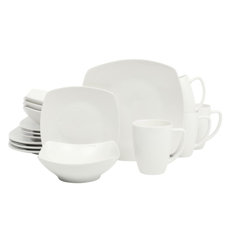 Gibson Home Zen Buffet White Porcelain Dinnerware Set for 4, Square Plates Bowls and Mugs, Chip and Scratch Resistant, Dishwasher and Microwave Safe, 16 Piece