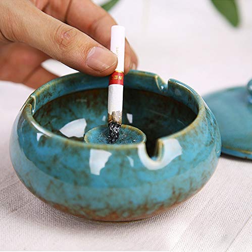 Ceramic Ashtray with Lid - Windproof Desktop Cigarette Ash Tray, Blue