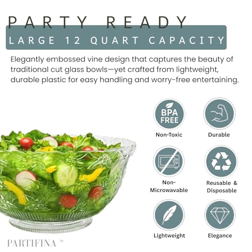 Large 3-Gallon Plastic Punch Bowl with Ladle, Embossed Clear Serving Bowl