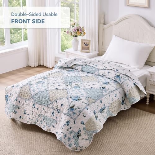 Twin Size Blue Floral Patchwork Quilt - Reversible Throw Blanket