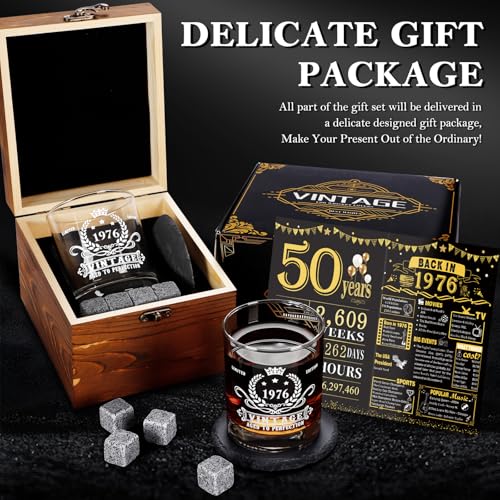 50th Birthday Whiskey Gift Set with Glass, Granite Stones, and Coaster