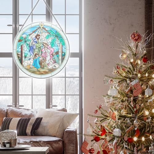 Stained Glass Nativity Scene Window Hanging Decor | Hand-Painted Artwork