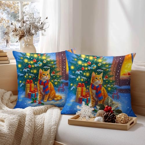 HOMETITUTE Christmas Cat Throw Pillow Covers Set of 2 18x18 Inches - Winter Holiday Decor