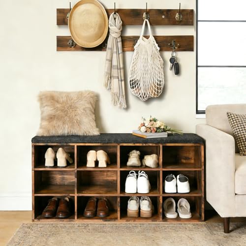 Entryway Shoe Storage Bench with Cushion and 12 Cubbies, 39.4-Inch