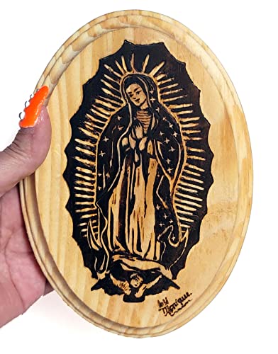 Handmade Virgin Mary Wood Burning Pyrography Art 7x5 Inch Wall Plaque
