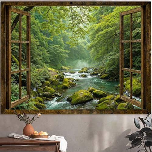 Green Forest Window Tapestry - Nature Stream Landscape Wall Hanging Decor