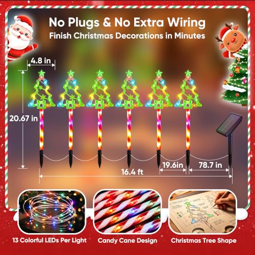 VELOGIX Solar Christmas Pathway Lights 6-Pack—Colorful Tree Candy Cane Stakes