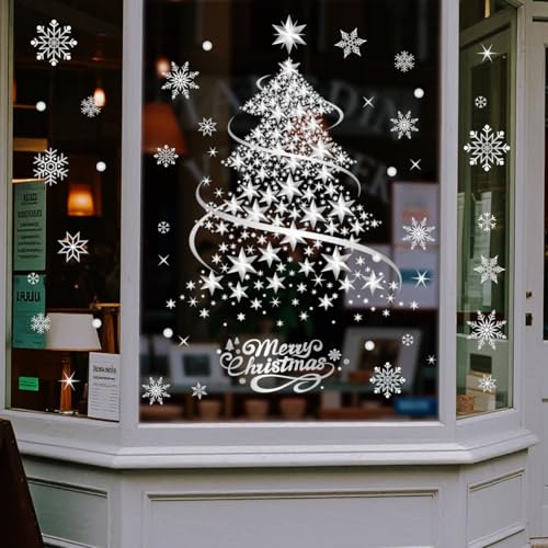 YULOONG Reusable Silver Christmas Window Clings Snowflake Tree Decor Set