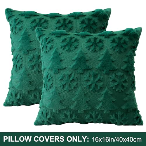 OTOSTAR 2-Pack 16x16 Inch Christmas Tree Snowflake Throw Pillow Covers - Faux Fur Green
