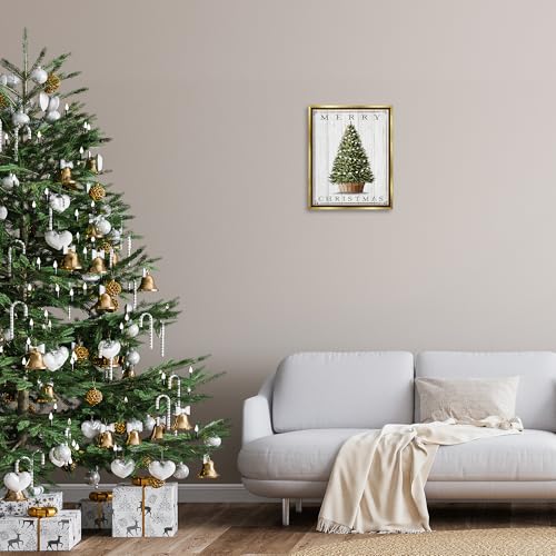 Merry Christmas Country Tree Canvas Wall Art with Gold Floater Frame - 17x21 Inches, V3 Variant